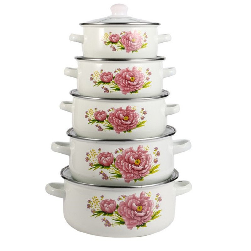Korean enamel binaural thickened straight pot enamel soup pot white marble five-piece cookware set