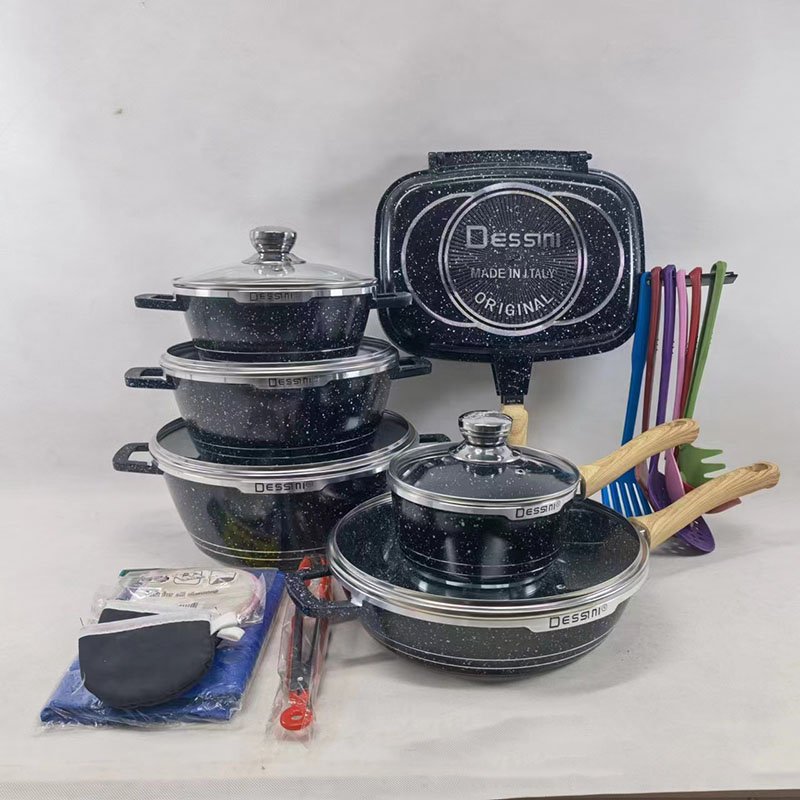 OWNSWING New dessini 23PCS Maifan stone cookware set die cast cooking sets wooden handle non-stick pot set