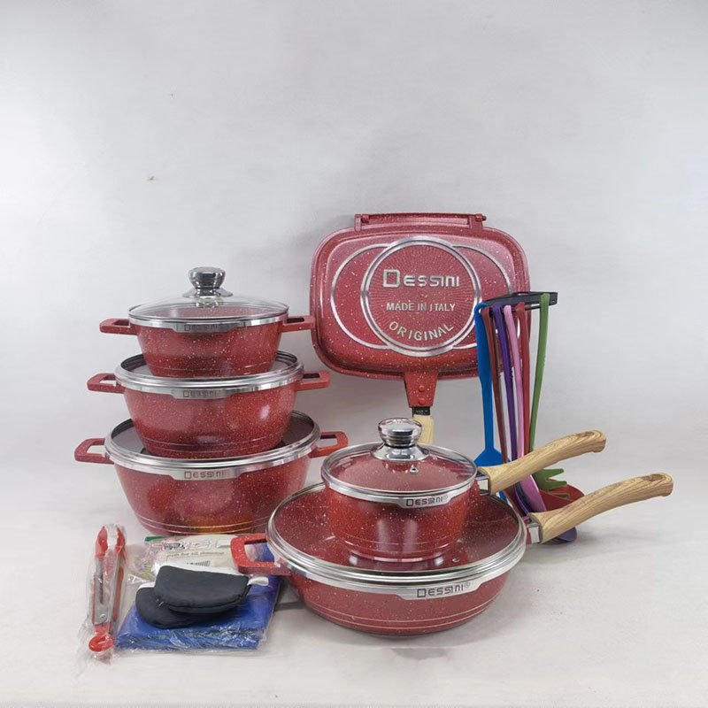 OWNSWING New dessini 23PCS Maifan stone cookware set die cast cooking sets wooden handle non-stick pot set