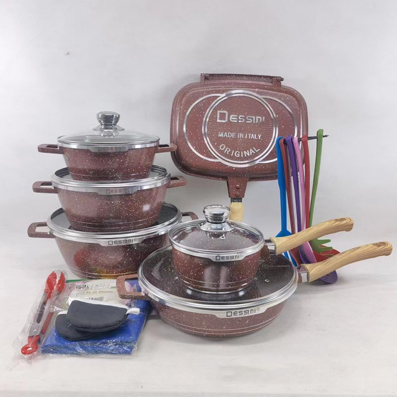 OWNSWING New dessini 23PCS Maifan stone cookware set die cast cooking sets wooden handle non-stick pot set