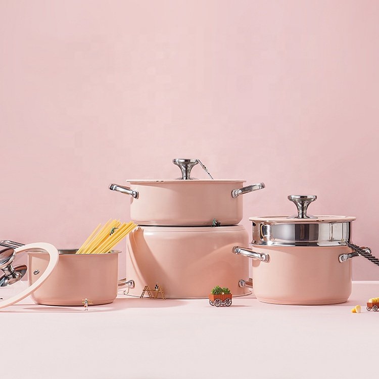 Wholesale Custom Fashion Colorful Stainless Steel 304 Kitchenware Ceramic Painting Casserole Cooking Hot Soup Pot Cookware Sets