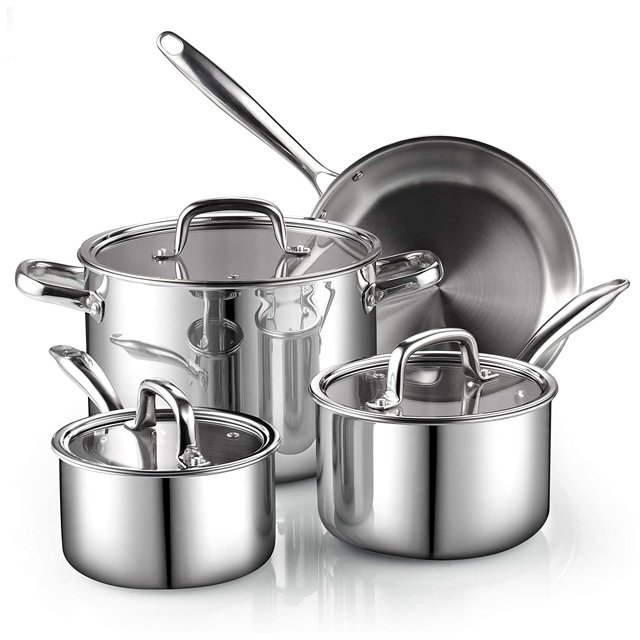 7 pieces Tri-Ply clad stainless steel cookware set for kitchenware