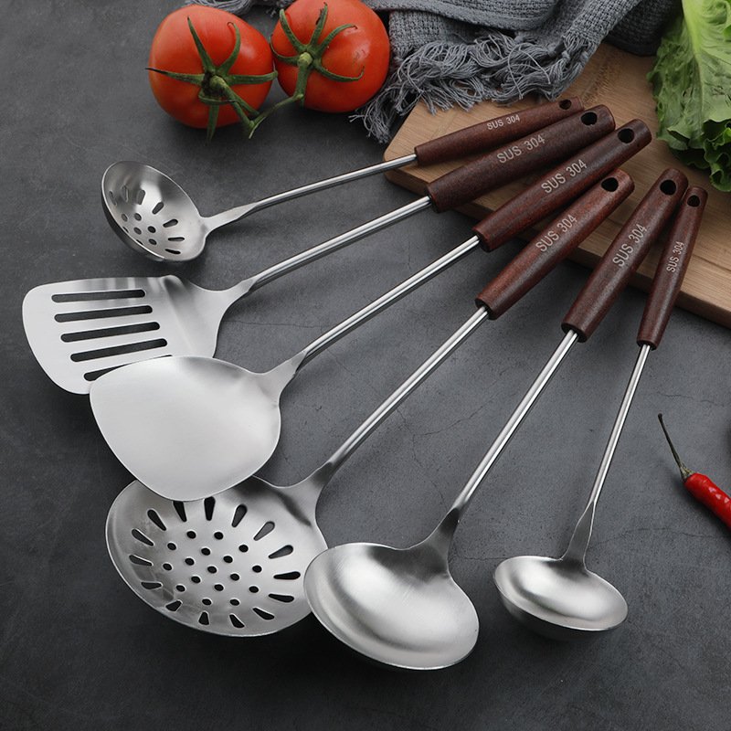 Heat Resistant Kitchenware Set, 304 Stainless Steel Spatula Soup Spoon with Wooden Handle, Kitchen Cooking Cookware Set