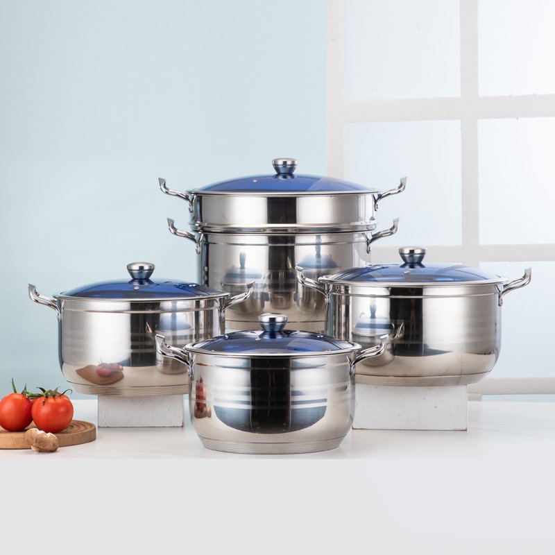 201 stainless steel cookware sets round shape cooking pots comfortable handle frying pan