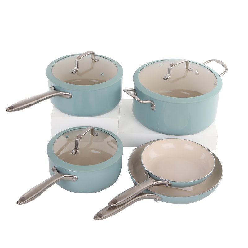 8pcs Pressed Aluminium Cookware Set Cooking Pots and Pans ceramic coating non stick saucepans silicon cover pink cookware set