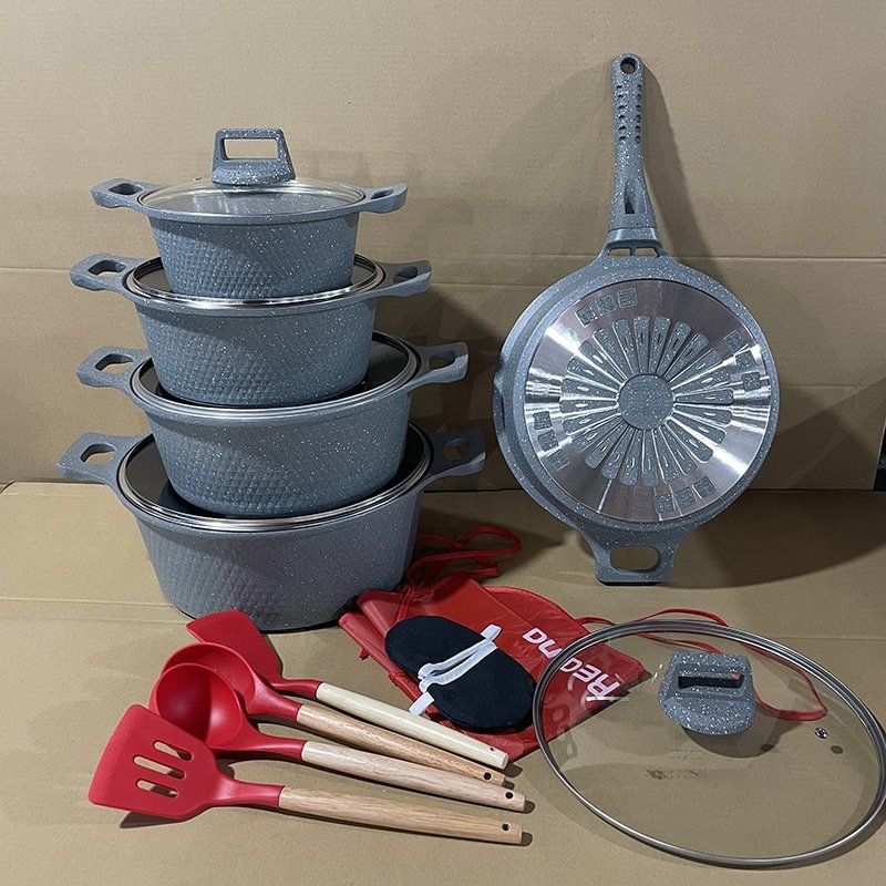 Hot selling kitchen cooking spin 17pcs gray Non-stick Aluminum Pots Sets cookware sets