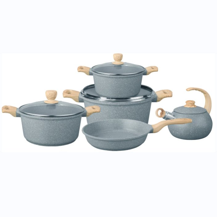OEM 9 pcs Nonstick Die-cast Aluminum Pots and Pans Kettle pots Kitchen Cookware Sets Induction Granite Compound Bottom