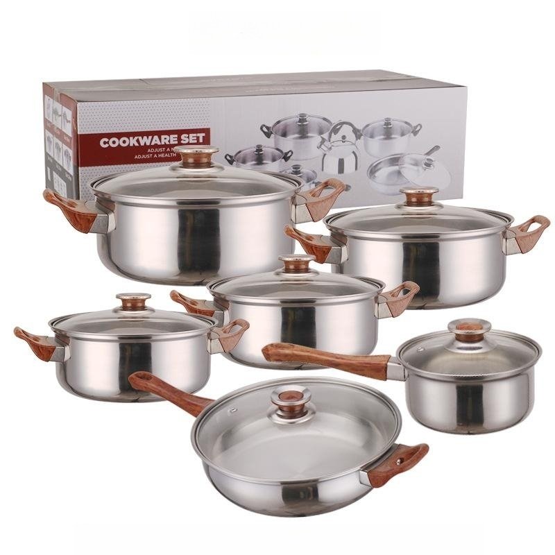 12 Pcs Stainless Steel Cookware Sets Nonstick Fry Pan Milk Pot With Glass Lid Kettle Sauce pot stainless steel pots set