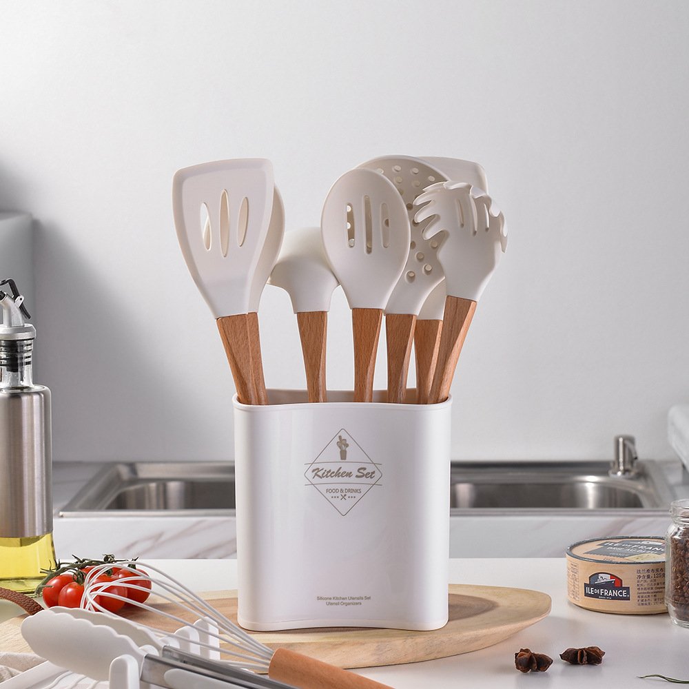 Hot Sale 13 Pcs Food Grade Silicone Kitchen Accessories Tool Heat Resistance Wooden Cooking Utensils Set Cookware Set