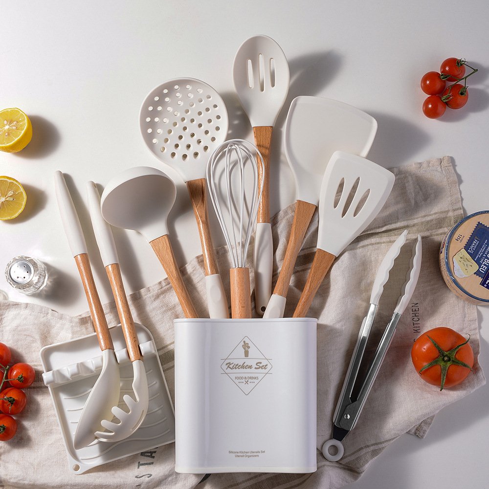 Hot Sale 13 Pcs Food Grade Silicone Kitchen Accessories Tool Heat Resistance Wooden Cooking Utensils Set Cookware Set