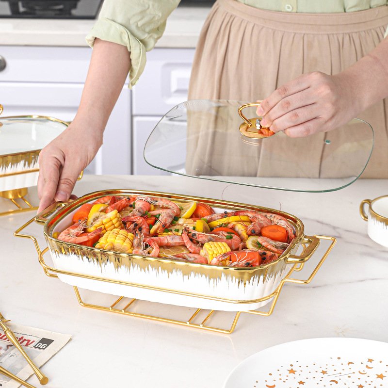 European luxury rectangle ceramic dry pot food warmer set chafing dish wedding hotel equipment hot pot cookware sets with lid