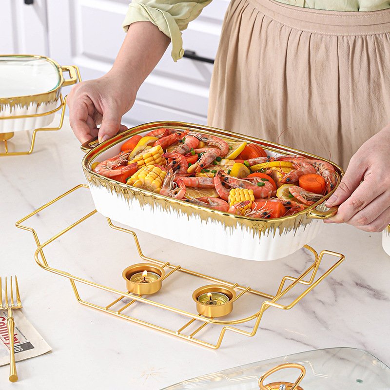 European luxury rectangle ceramic dry pot food warmer set chafing dish wedding hotel equipment hot pot cookware sets with lid