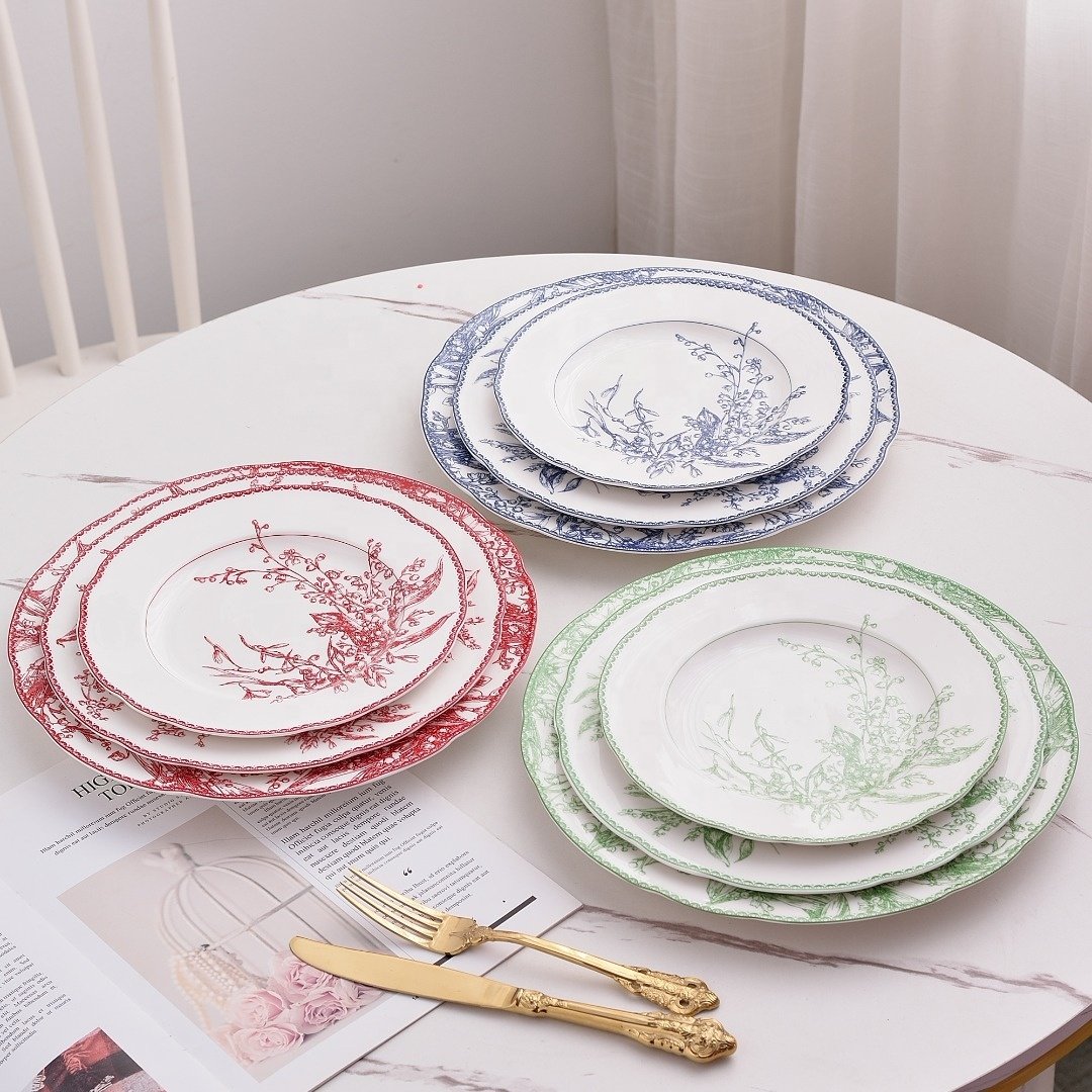 Wholesale European style 3pcs flower patterned bone china plate sets