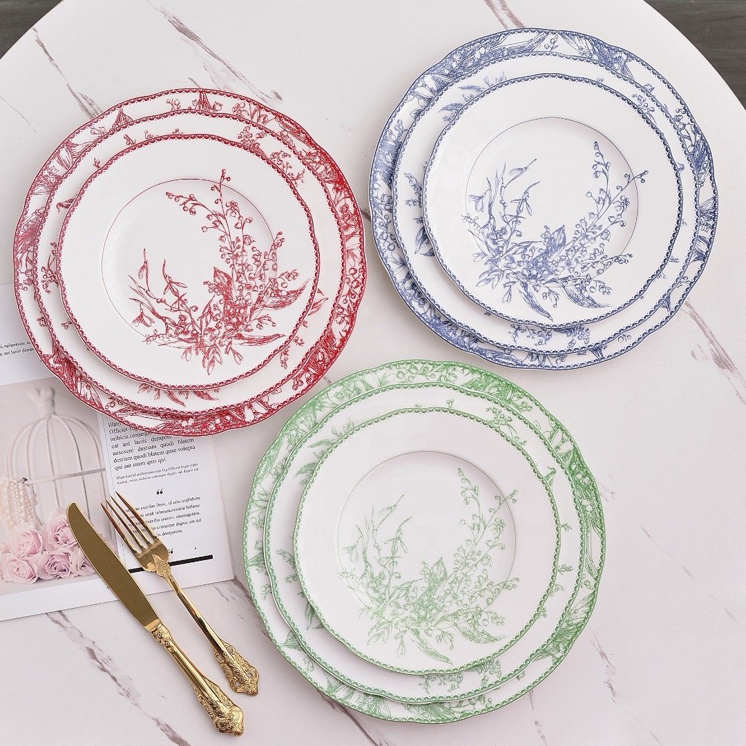 Wholesale European style 3pcs flower patterned bone china plate sets