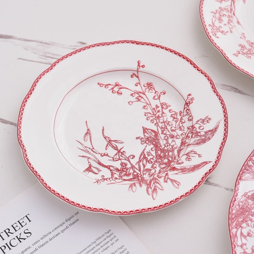 Wholesale European style 3pcs flower patterned bone china plate sets