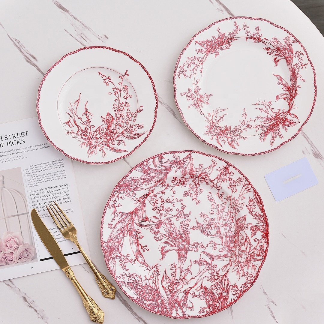 Wholesale European style 3pcs flower patterned bone china plate sets