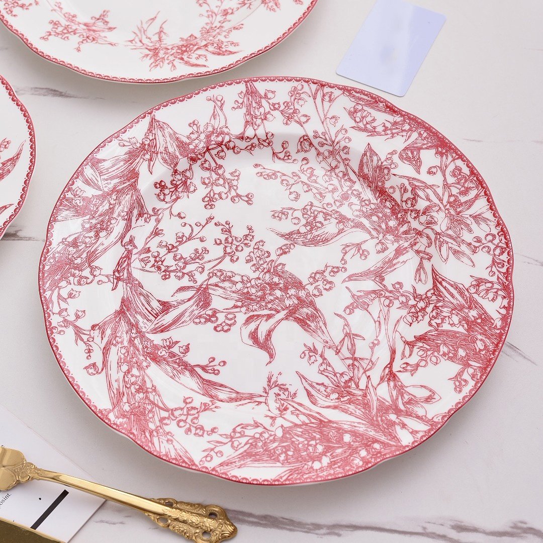 Wholesale European style 3pcs flower patterned bone china plate sets