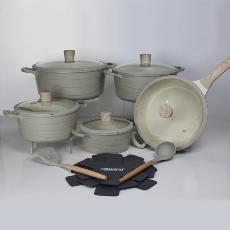 Modern 15Pieces None Stick Cooking Pot Set Kitchen Wear White Black Grey Granite Nonstick Aluminum Cookware Set
