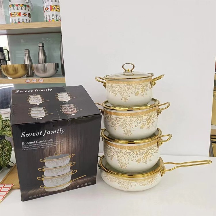 New Design 8pcs Enamel Cookware Cooking Pot 22/26/28/30cm Cast Iron Enamel Casserole Cookware Set with Golden Handle