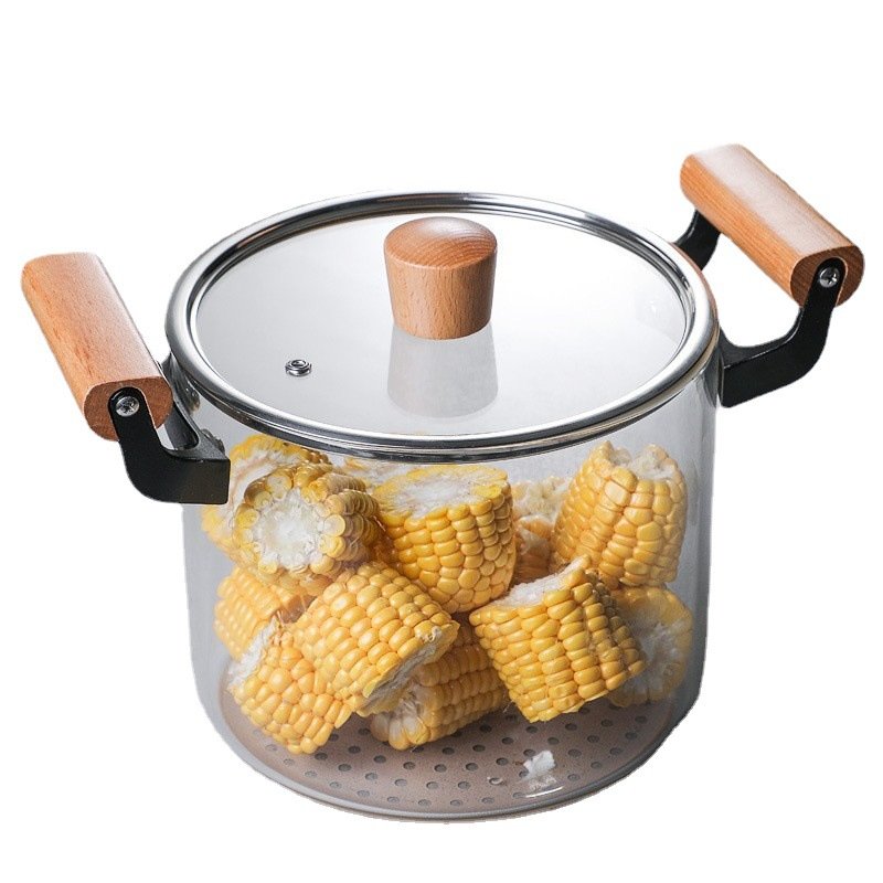 New Arrival 2.5/3.5/4.5/5.5L Heat Resistant High Borosilicate Clear Glass Cooking Pot with Wooden Handle