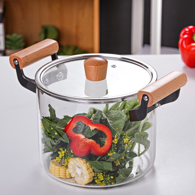 New Arrival 2.5/3.5/4.5/5.5L Heat Resistant High Borosilicate Clear Glass Cooking Pot with Wooden Handle