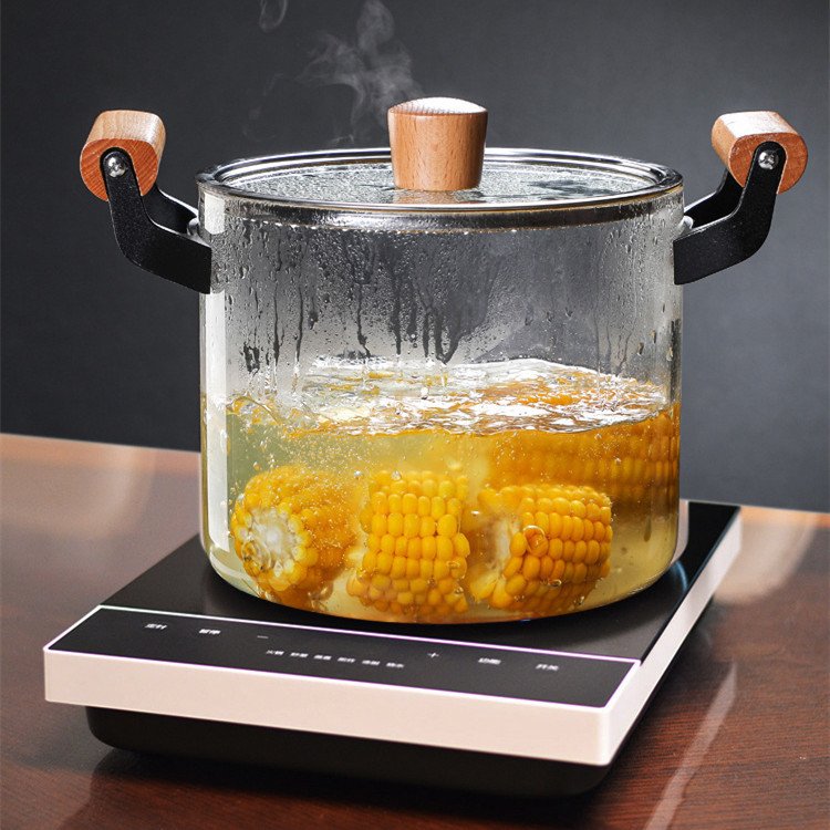 New Arrival 2.5/3.5/4.5/5.5L Heat Resistant High Borosilicate Clear Glass Cooking Pot with Wooden Handle