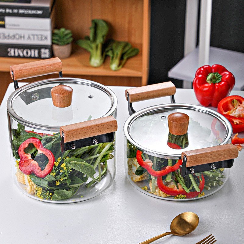New Arrival 2.5/3.5/4.5/5.5L Heat Resistant High Borosilicate Clear Glass Cooking Pot with Wooden Handle