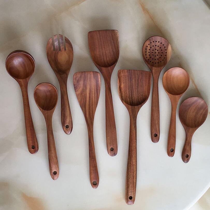 Kitchen Acacia Wood Cookware Tools Kitchen Natural Wooden Cooking Spoon Spatula Cooking Utensils Set