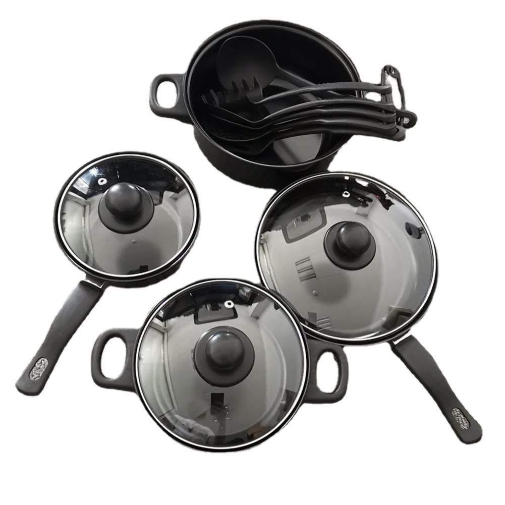 New Design Hotel Kitchen Metal Cast Iron Cookware Bulk Packing Non Stick Cooking Pot Cookware Set With Glass Lid