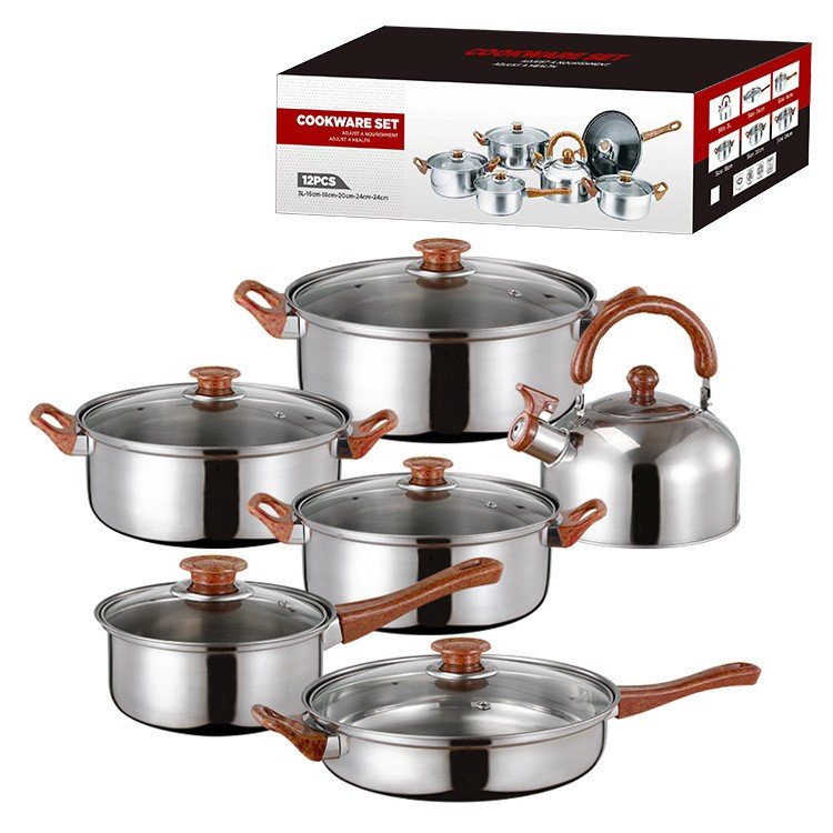 12pcs Cooking Pot Set YF06 Stainless Steel Cooking Pot Ware Non-stick Cookware Set Cooking Pot Sets With Wood Grain Handle
