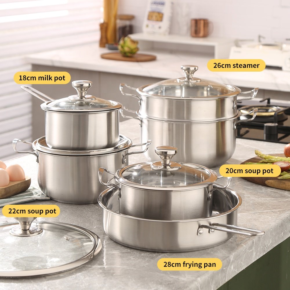 12Pcs Cooking Pots And Pans Stainless Steel Casseroles Nonstick Kitchen Cookware Sets Metal Pot Set