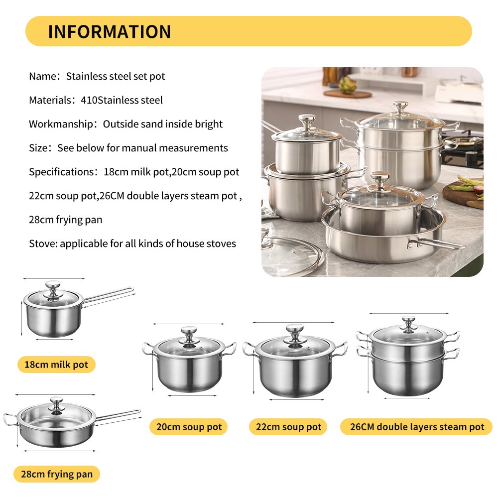 12Pcs Cooking Pots And Pans Stainless Steel Casseroles Nonstick Kitchen Cookware Sets Metal Pot Set