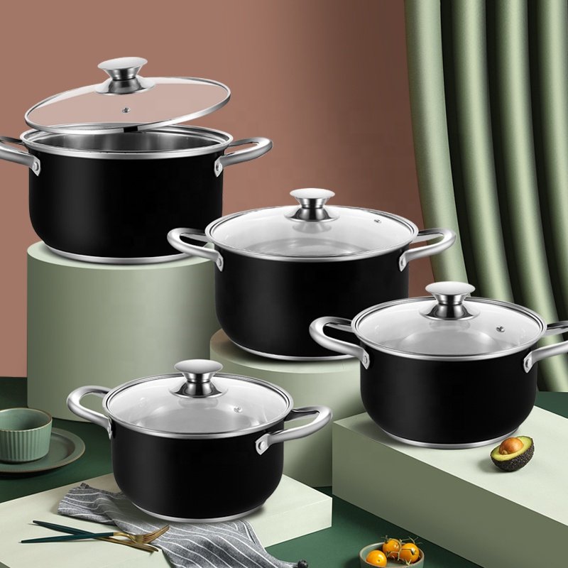 Hotsale 8pcs Sus410 Stainless Steel Soup & Stock Pots Ollas Cassroles Black Cookware Set Non Stick