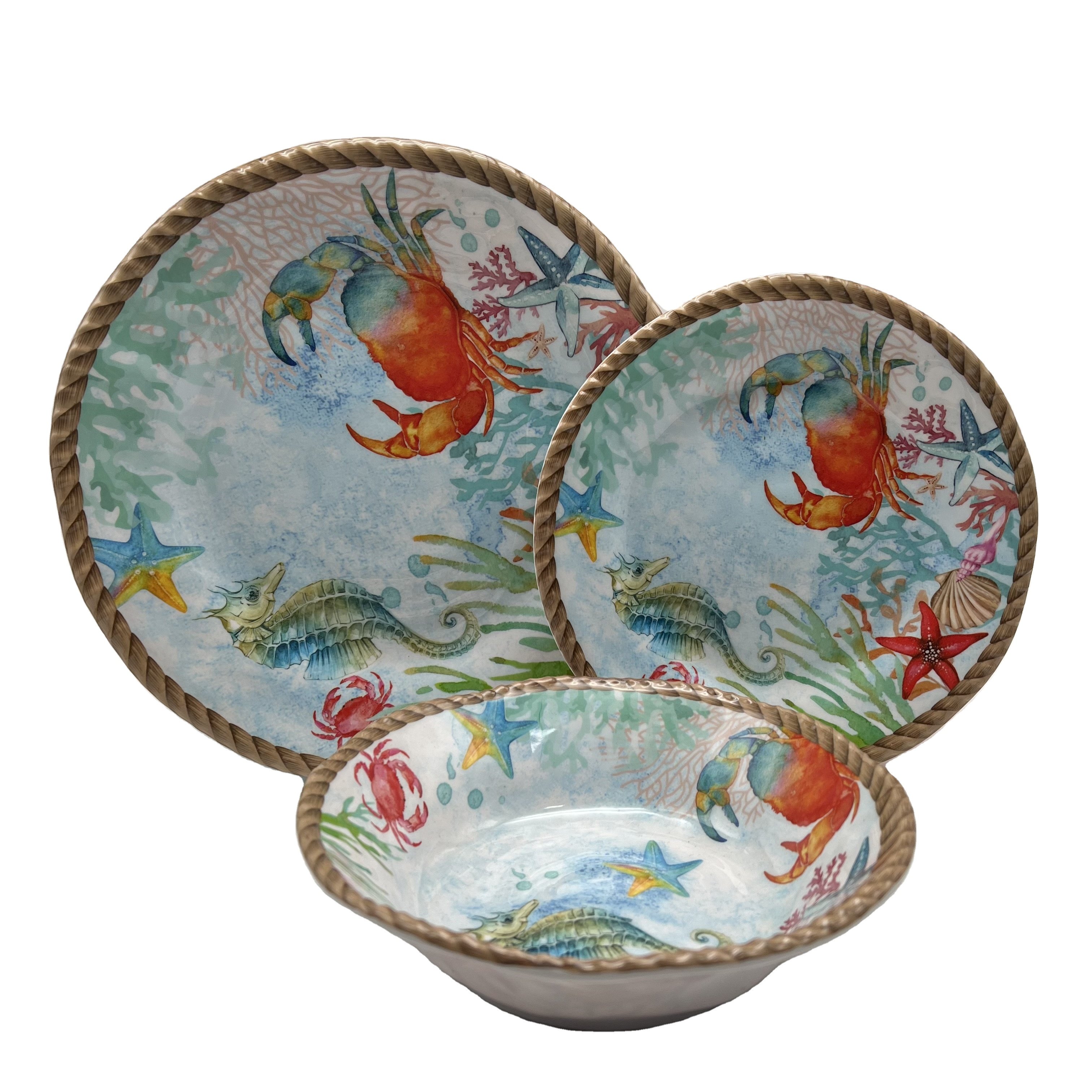 Customized 12 pcs Sea Series Design Melamine Dinnerware Set Including Plates and Bowls for Weddings Cookware melamine Tableware
