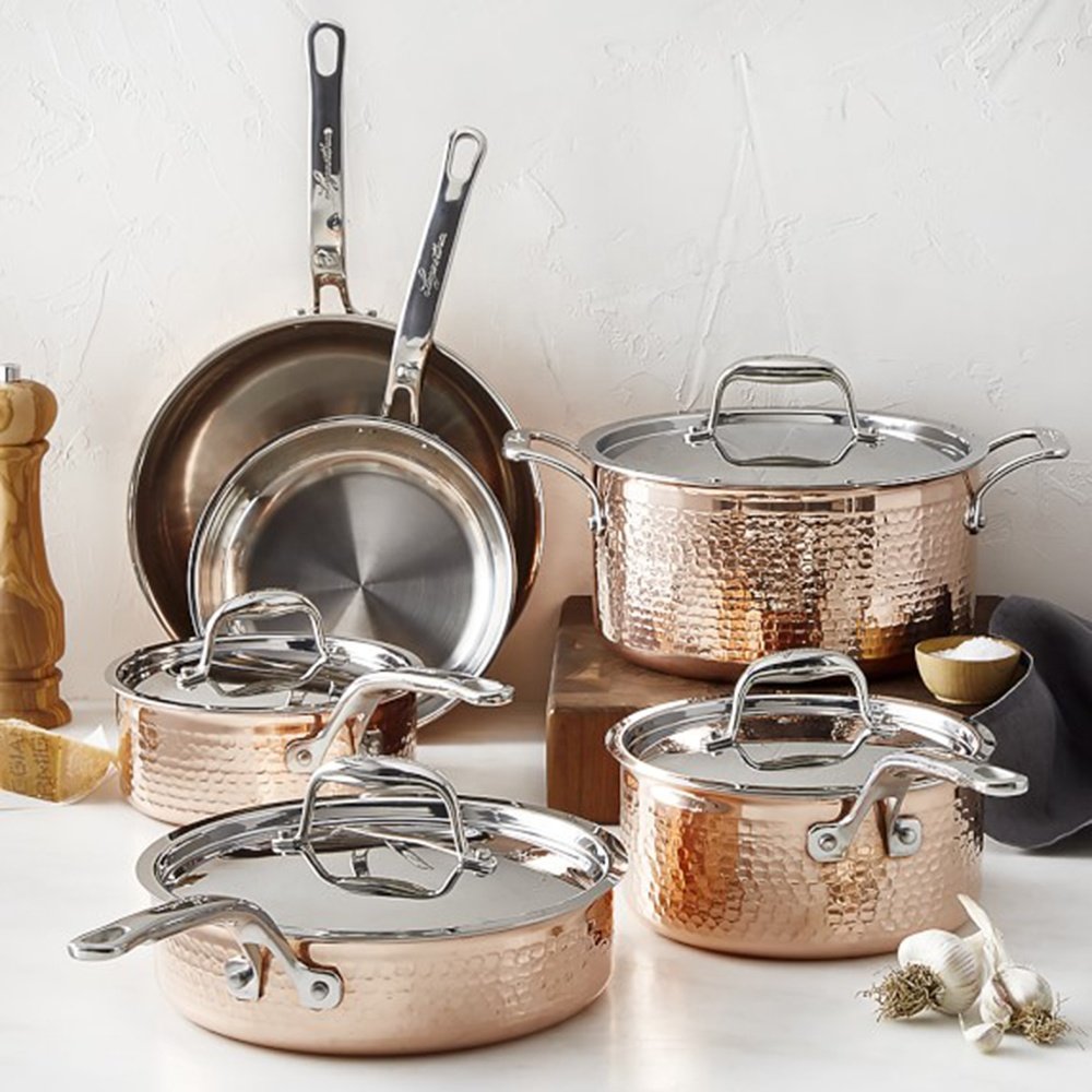 QANA Factory Wholesale OEM 10pcs Copper Pot set three layers copper stainless steel cookware soup stock pots kitchen cooking pot