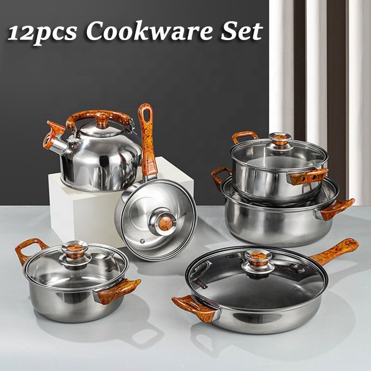 12pcs Cooking Pot Kitchenware Stainless Steel Casserole Nonstick Cookware Set Cooking Pot And Pans Set