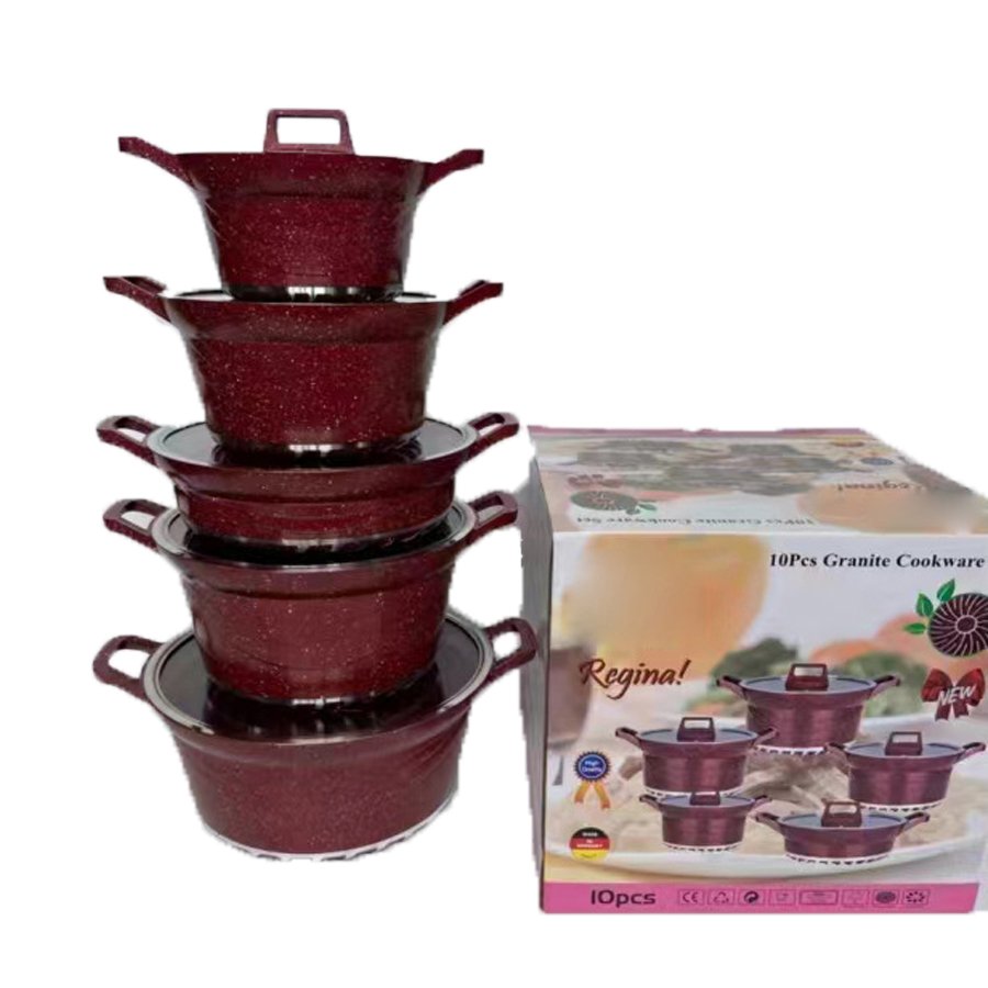 RTS High Quality 10 Pieces Die Cast Granite Coating Non Stick Cookware Set Casserole Cooking Pot Set With Glass Cover
