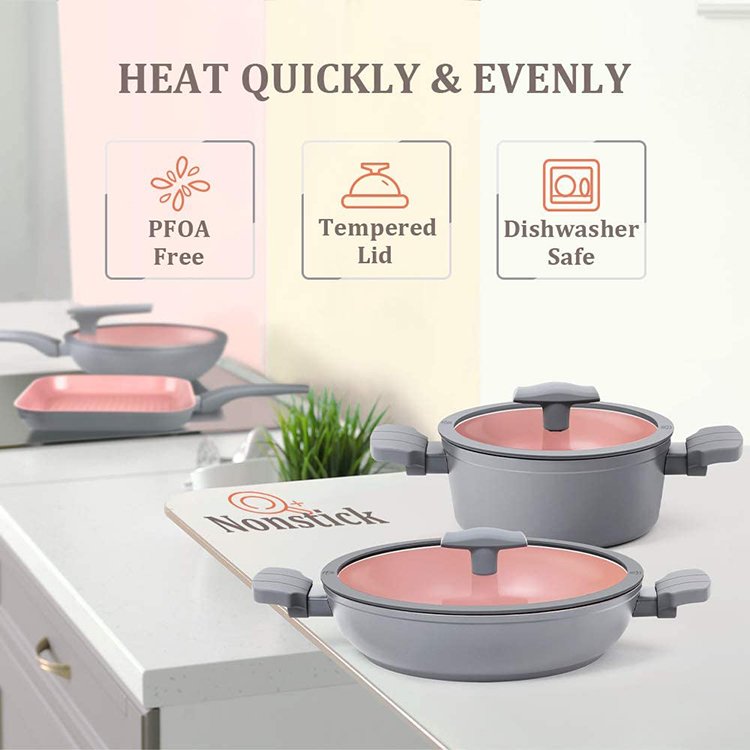 MYH Modern 9pcs Forged Aluminium Kitchenware Ceramic Coating Nonstick Induction Pots and Pans Cookware Set with Lid
