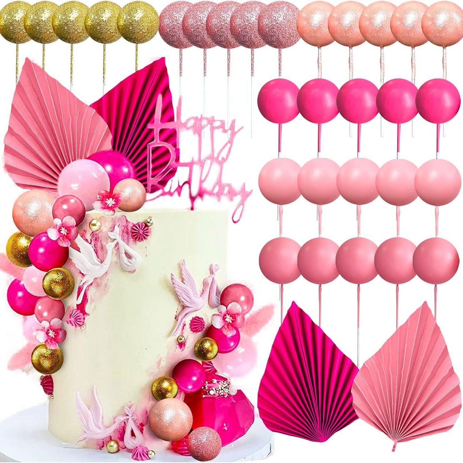 32 PCS Balls Cake Toppers Palm Leaves Cake Decorations for Birthday Wedding Baby Shower Party Supplies Mother's Day