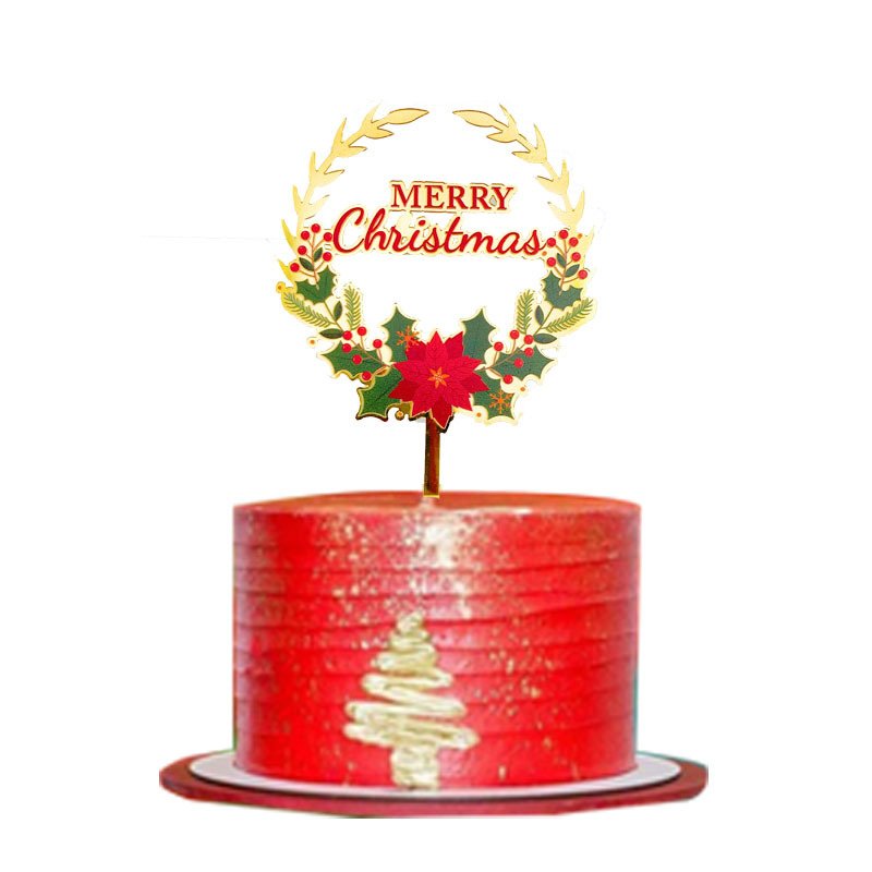 INS Merry Christmas Party Acrylic Cake Topper Color Printed Flowers Christmas Cake Decoration Supplies for Happy New Year Party