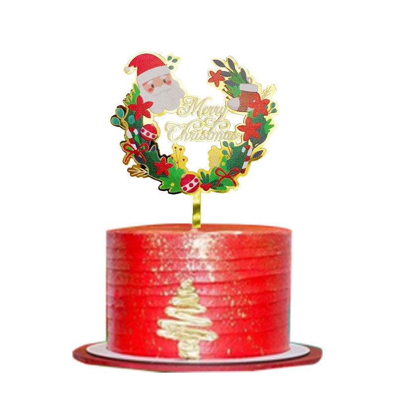 INS Merry Christmas Party Acrylic Cake Topper Color Printed Flowers Christmas Cake Decoration Supplies for Happy New Year Party