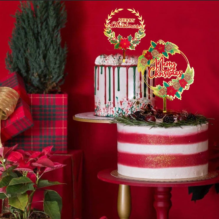 INS Merry Christmas Party Acrylic Cake Topper Color Printed Flowers Christmas Cake Decoration Supplies for Happy New Year Party