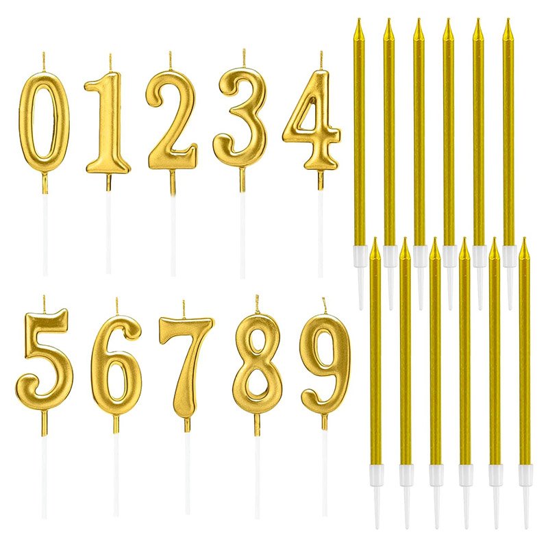 22Pcs Gold Birthday Number Long Thin Metallic Candles Set for Cake Decorations Party Wedding Anniversary Celebration Supplies