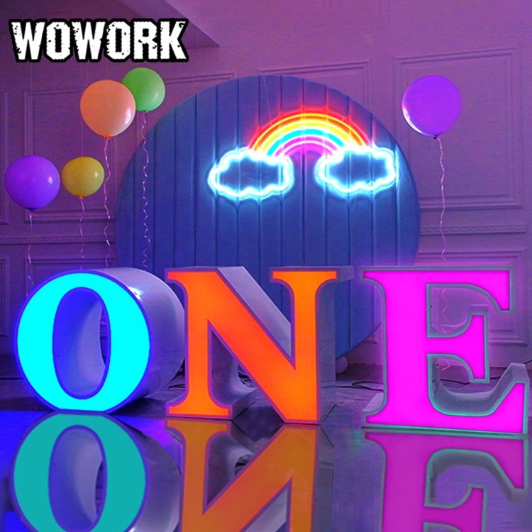 2024 WOWORK fushun free standing led metal RGB neon marquee light one cake baby letter table for party supplies decorations