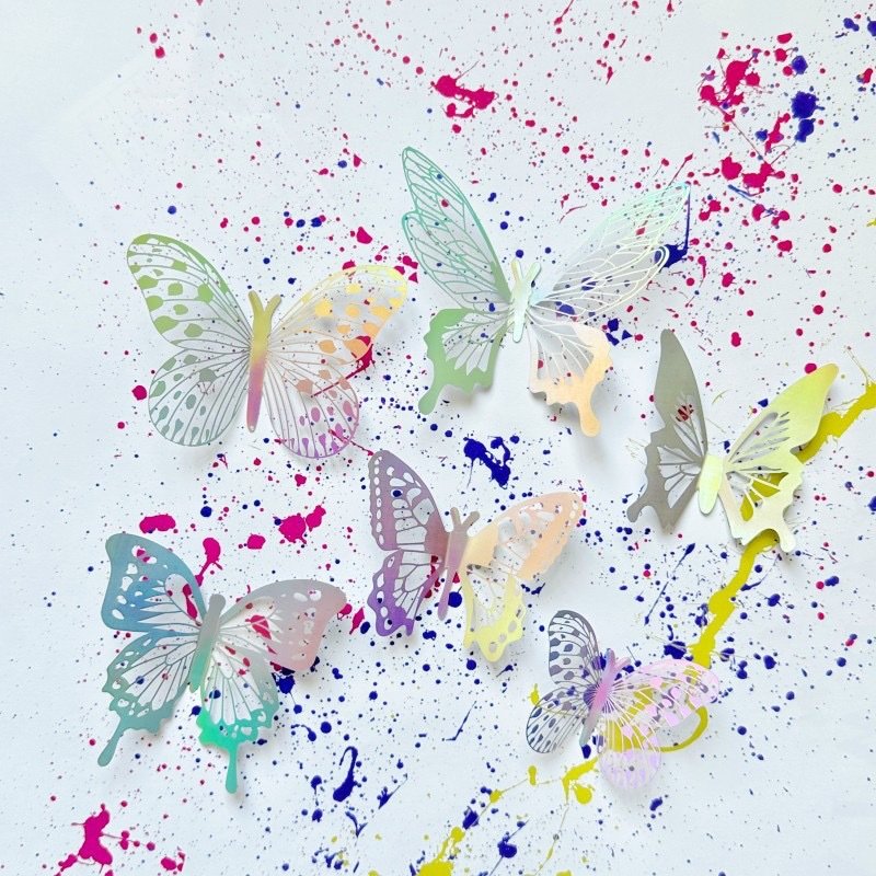Ychon new wholesale 12pcs laser shiny butterfly cake toppers silver colorful hollow 3D butterfly cake decor wall diy art decor