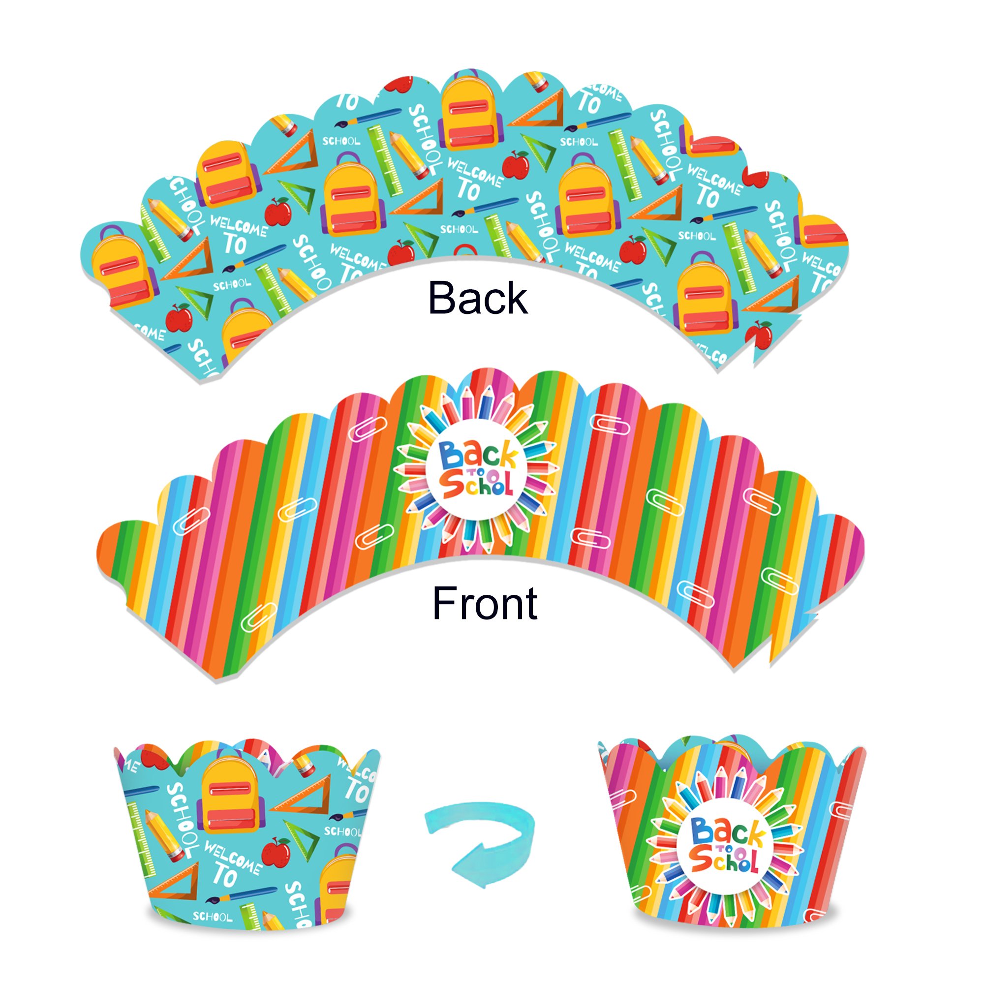 Welcome Back to School Cupcake Toppers Wrappers Cake Decorations 20 Packs for Kids First Day of School Party Supplies
