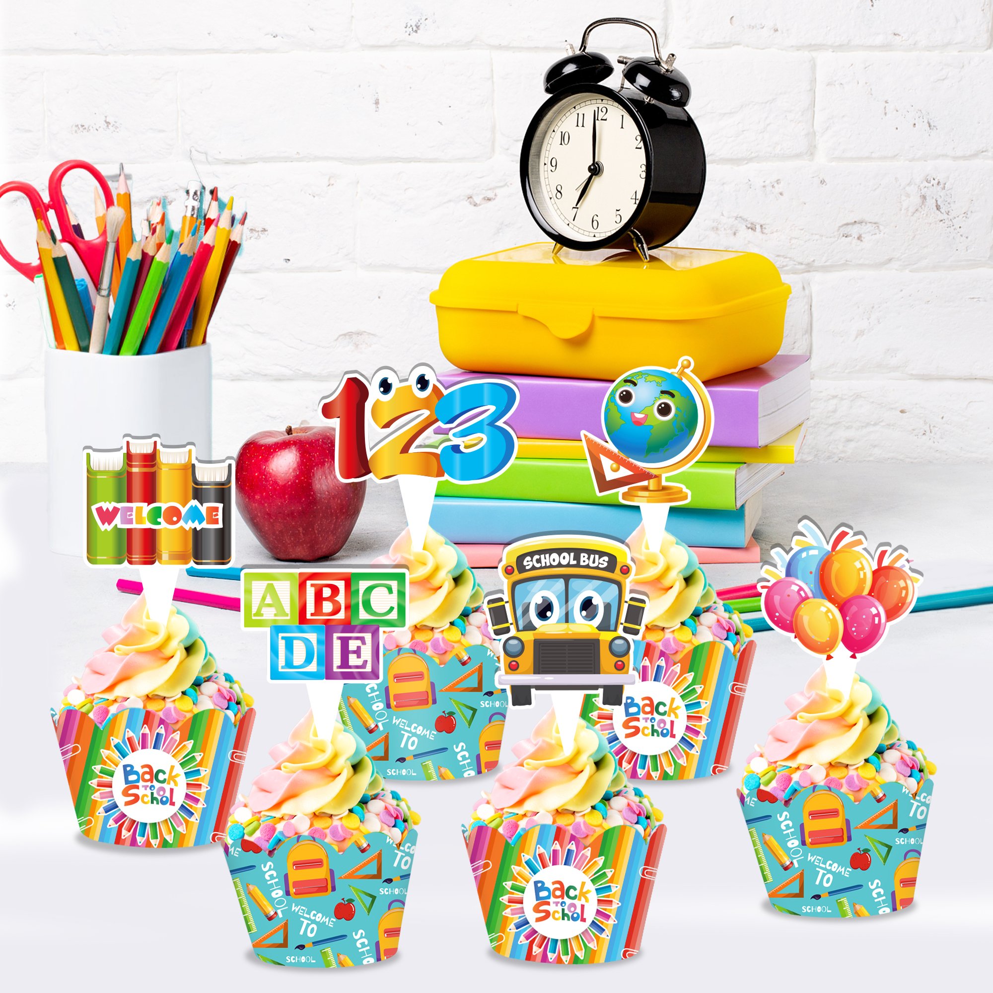 Welcome Back to School Cupcake Toppers Wrappers Cake Decorations 20 Packs for Kids First Day of School Party Supplies