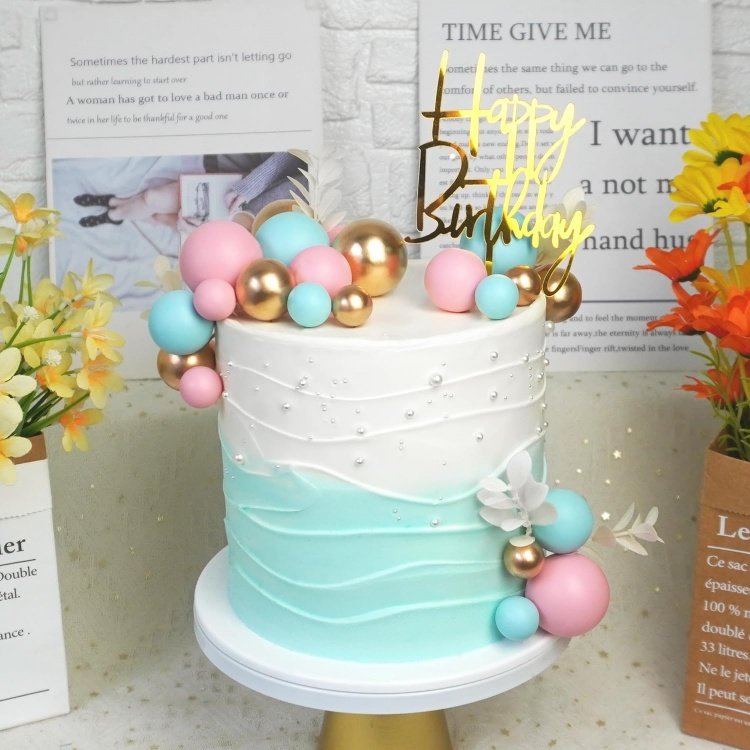 Pink Blue Balls Grass Cake Cake TopperHappy Birthday Cake Decorations for Wedding Baby Shower Party Supplies