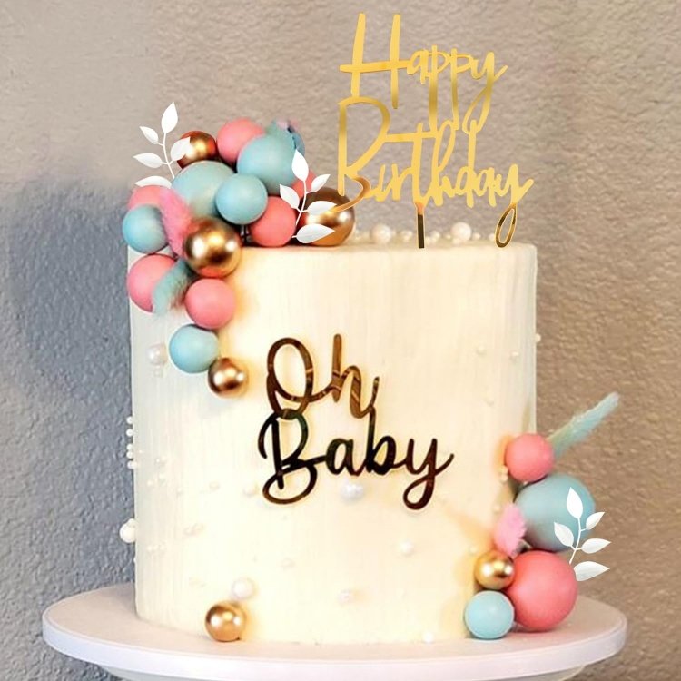 Pink Blue Balls Grass Cake Cake TopperHappy Birthday Cake Decorations for Wedding Baby Shower Party Supplies