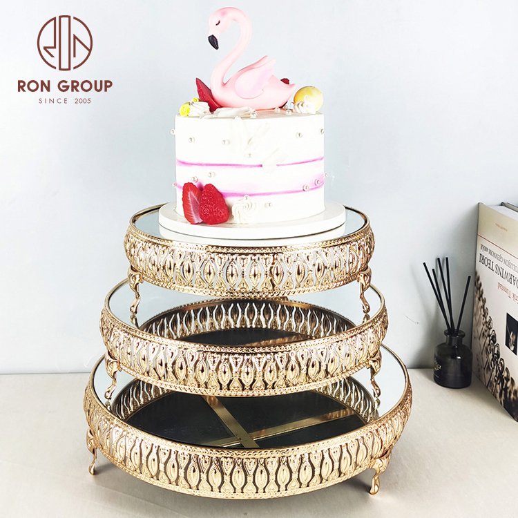 birthday wedding display cake tools metal display tray round gold 3 tier dessert cake stand set mirror tray
